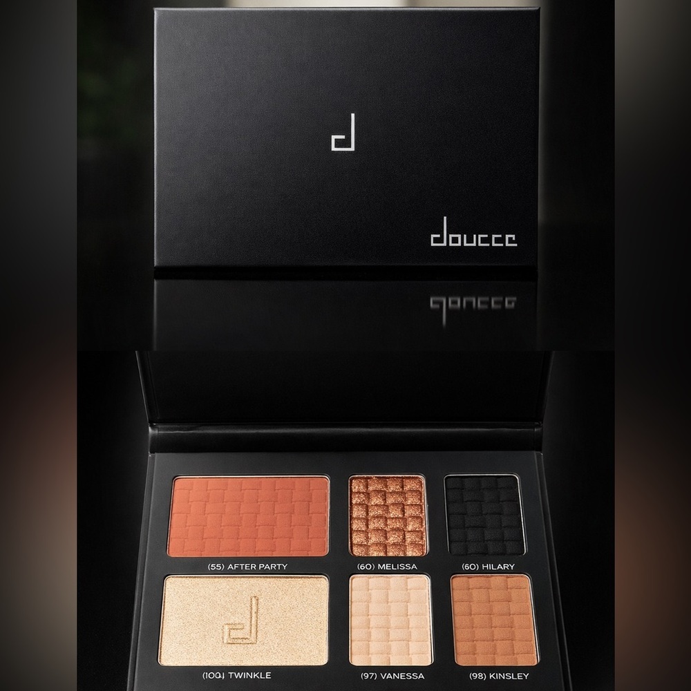 Doucce Eyeshadow Palette, Highlighter, and Blush - Rose, Charcoal, Ivory Hues